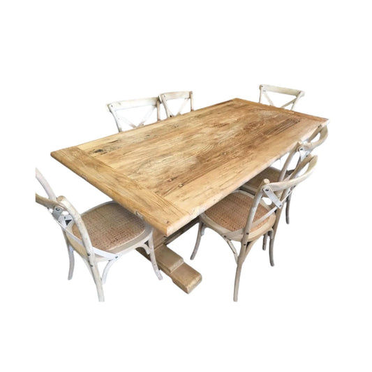 CLIFTON RUSTIC RECYCLED ELM DINING TABLE HAMPTONS STYLE + 6 MELRSOE CROSS BACK DINING CHAIR IN NATURAL DRIFTWOOD - MyChocolateWood