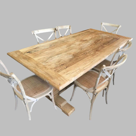 CLIFTON RUSTIC RECYCLED ELM DINING TABLE HAMPTONS STYLE + 6 MELRSOE CROSS BACK DINING CHAIR IN NATURAL DRIFTWOOD