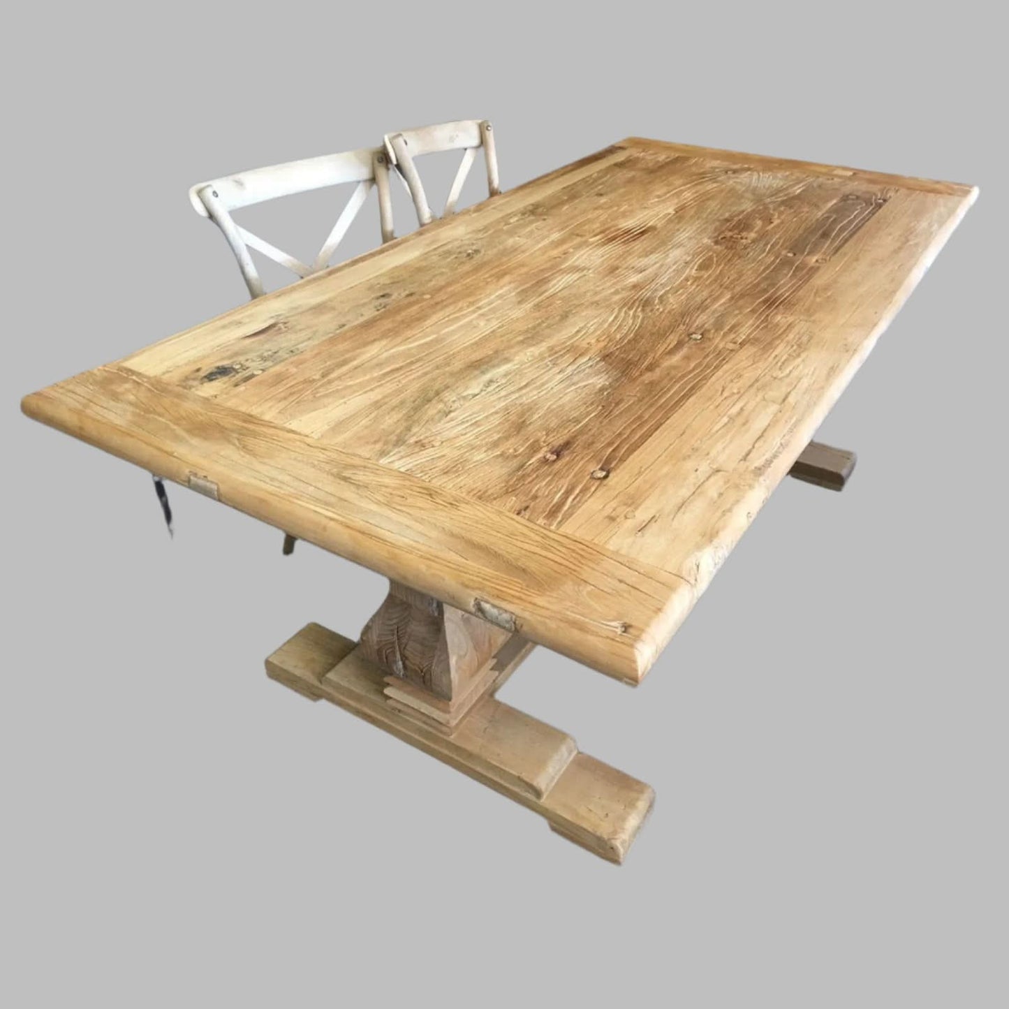 CLIFTON RUSTIC RECYCLED ELM DINING TABLE HAMPTONS STYLE + 6 MELRSOE CROSS BACK DINING CHAIR IN NATURAL DRIFTWOOD - MyChocolateWood