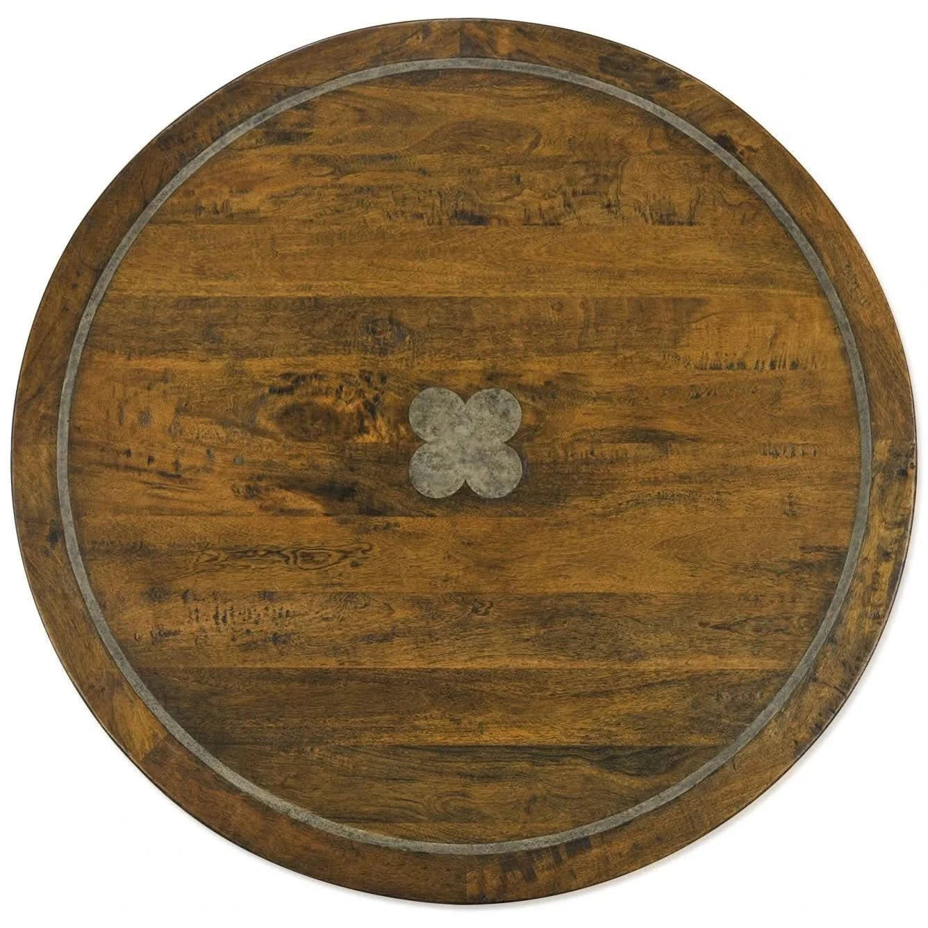 CLOVER ROUND SOLID MANGO WOOD DINING TABLE NIBBLED ALBANY RUSTIC EXTREME COLOUR 152CM - MyChocolateWood