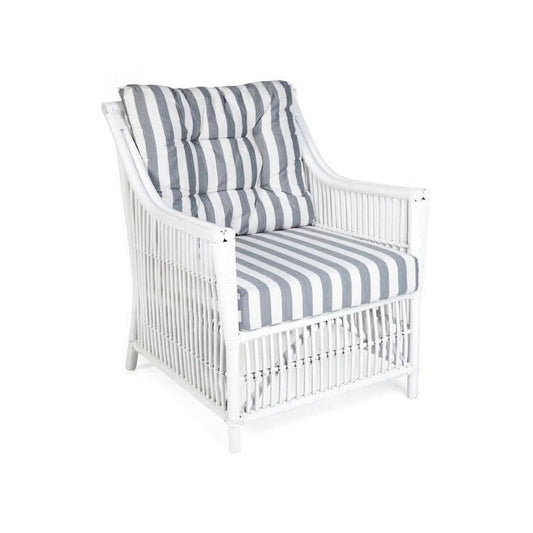 COLUMBUS WHITE RATTAN LOUNGE CHAIR/ ACCENT CHAIR/ ARMCHAIR W/ STRIPED CUSHION - MyChocolateWood