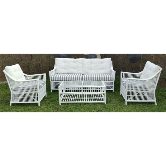 COLUMBUS WHITE RATTAN LOUNGE CHAIR/ ACCENT CHAIR/ ARMCHAIR W/ STRIPED CUSHION - MyChocolateWood