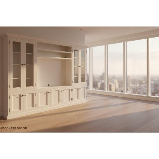 MyChocolateWood Concord 4-piece wall unit TV entertainment center with shelves and bookcases, modern wood design for living rooms.