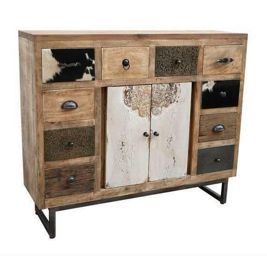 COWHIDE & MANGO HARDWOOD CHEST OF 10 DRAWERS BOHO PATCHWORK BEACHSIDE HAMPTONS