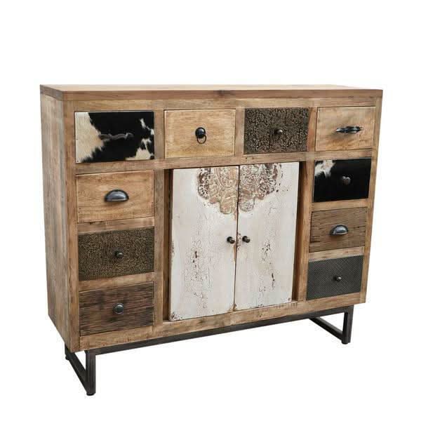 COWHIDE & MANGO HARDWOOD CHEST OF 10 DRAWERS BOHO PATCHWORK BEACHSIDE HAMPTONS - MyChocolateWood