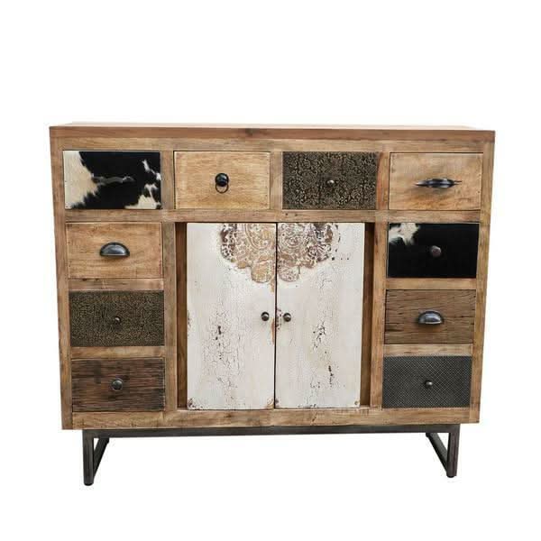 COWHIDE & MANGO HARDWOOD CHEST OF 10 DRAWERS BOHO PATCHWORK BEACHSIDE HAMPTONS - MyChocolateWood