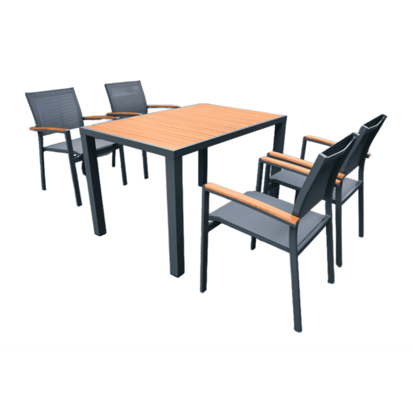 CREWE 5PCE ALUMINIUM/EUCALYPTUS DINING SETTING GREY/BLACK/NATURAL