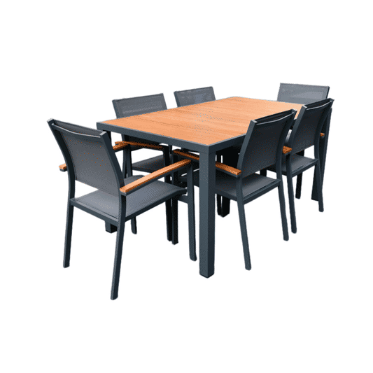 CREWE 7PCE DINING SETTING HIGH QUALITY ALUMINIUM/EUCALYPTUS - MyChocolateWood