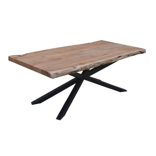 Cristo natural solid acacia timber coffee table with metal legs, industrial style, 130 cm length, by MyChocolateWood.