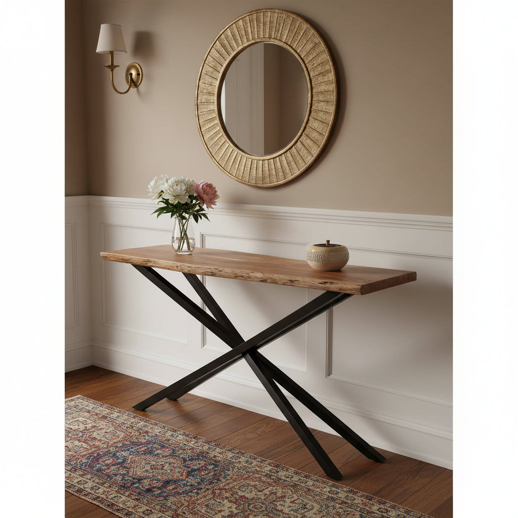 CRISTO NATURAL SOLID ACACIA TIMBER CONSOLE TABLE HALL TABLE WITH METAL LEGS - MyChocolateWood