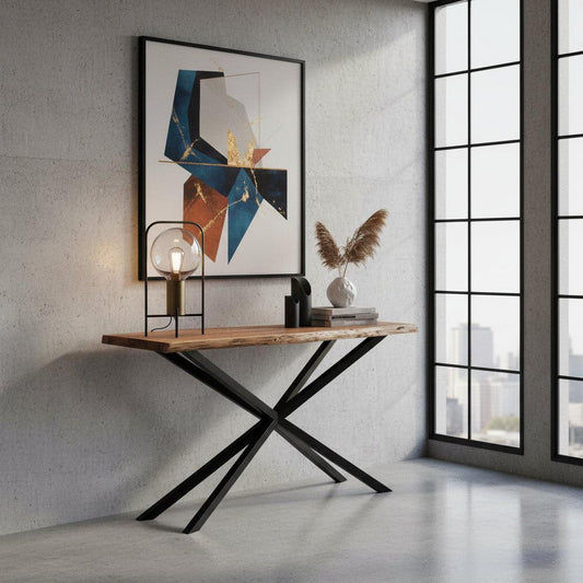 CRISTO NATURAL SOLID ACACIA TIMBER CONSOLE TABLE HALL TABLE WITH METAL LEGS - MyChocolateWood