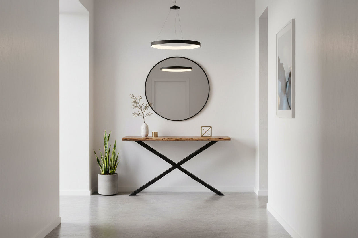 CRISTO NATURAL SOLID ACACIA TIMBER CONSOLE TABLE HALL TABLE WITH METAL LEGS - MyChocolateWood