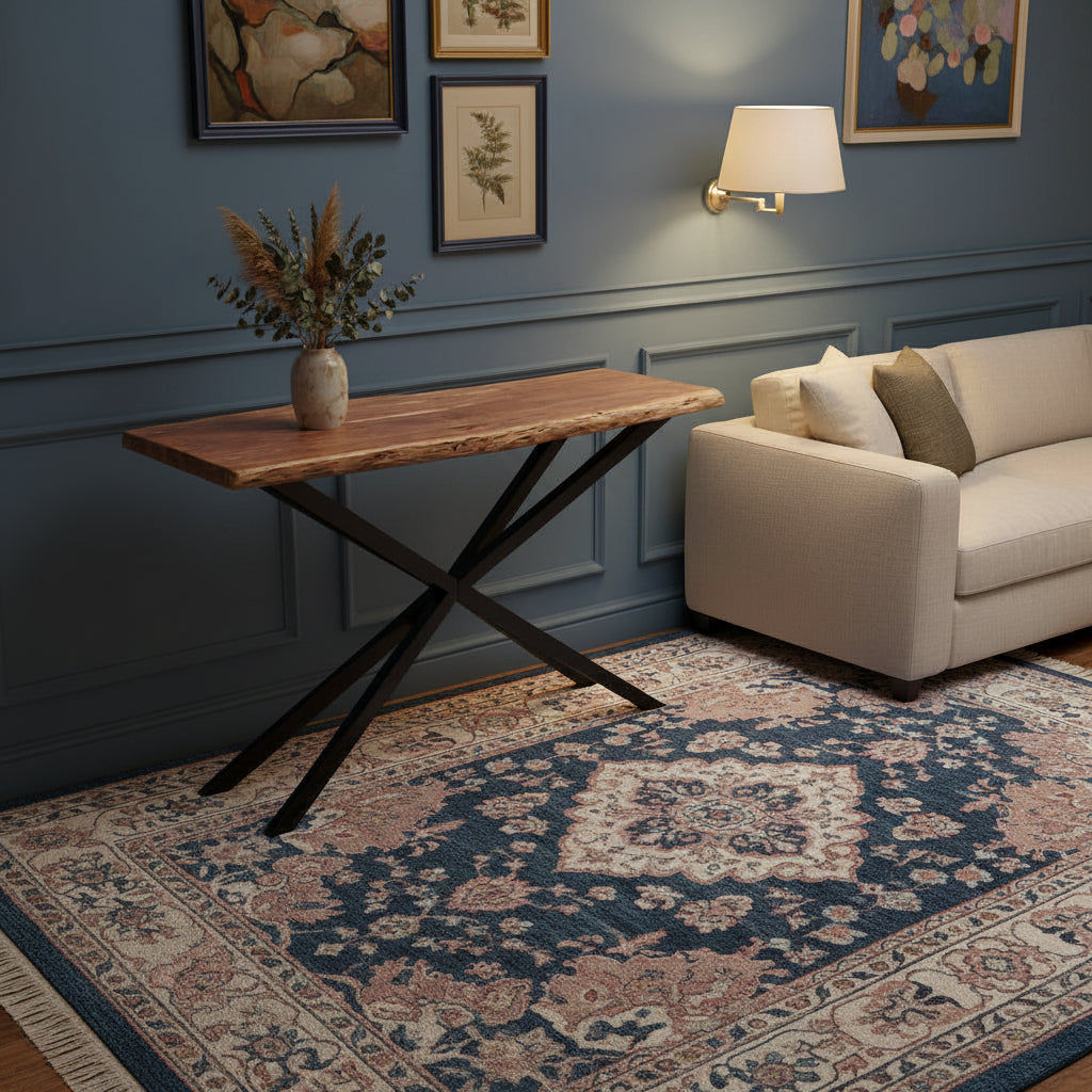 CRISTO NATURAL SOLID ACACIA TIMBER CONSOLE TABLE HALL TABLE WITH METAL LEGS - MyChocolateWood