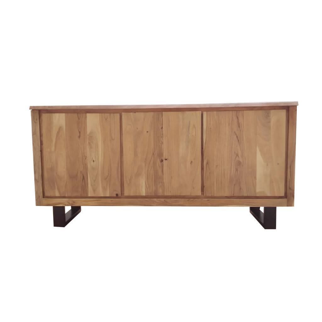 Cristo solid acacia timber sideboard with metal legs, natural finish, 166 cm long, by MyChocolateWood, showcasing its sleek storage design.