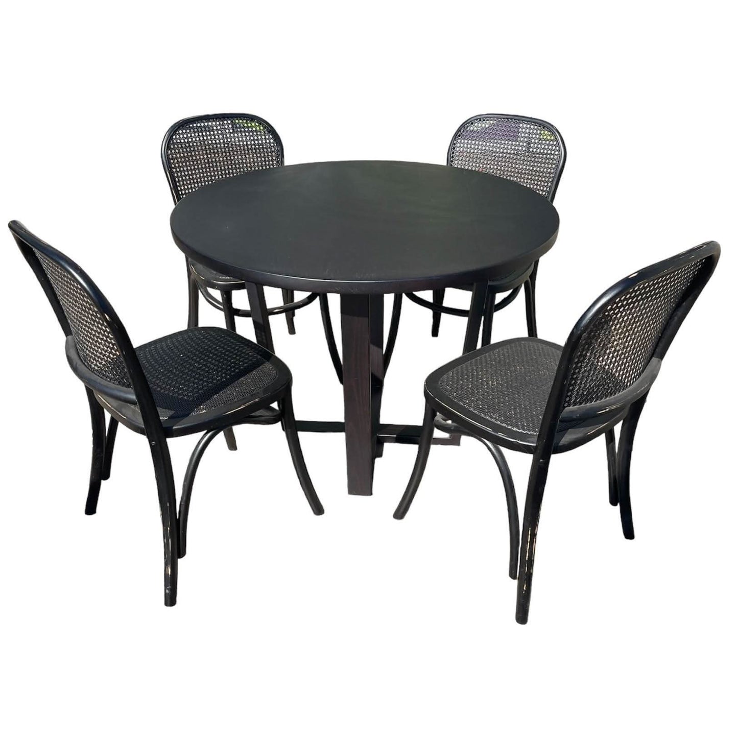 CUSTOM MADE FELINI ROUND DINING TABLE IN SOLID TASSIE OAK 1000MM IN SOLID BLACK + 4 X BERMUDA DINING CHAIR IN DISTRESSED BLACK - MyChocolateWood