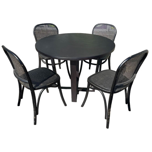 CUSTOM MADE FELINI ROUND DINING TABLE IN SOLID TASSIE OAK 1000MM IN SOLID BLACK + 4 X BERMUDA DINING CHAIR IN DISTRESSED BLACK - MyChocolateWood