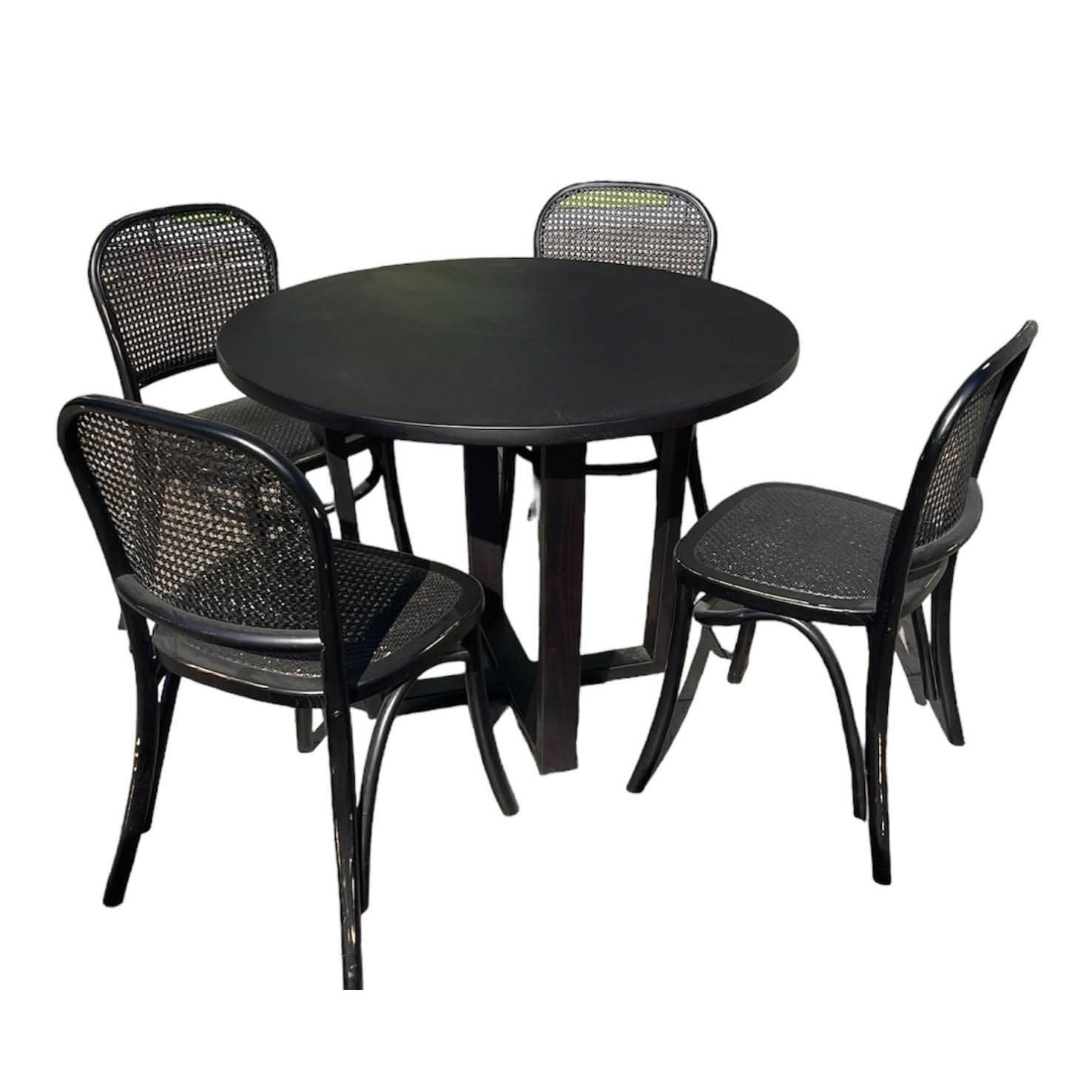 CUSTOM MADE FELINI ROUND DINING TABLE IN SOLID TASSIE OAK 1000MM IN SOLID BLACK + 4 X BERMUDA DINING CHAIR IN DISTRESSED BLACK - MyChocolateWood