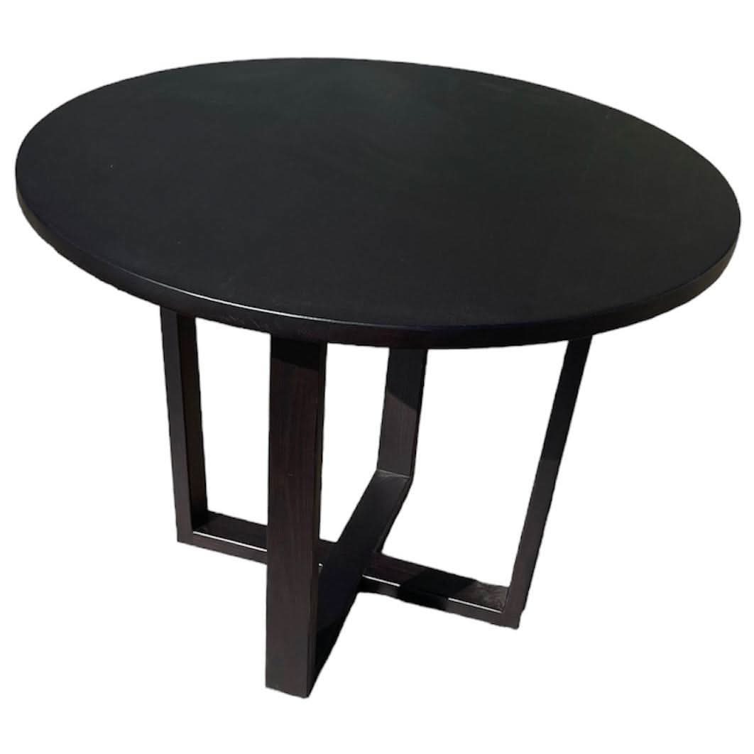 CUSTOM MADE FELINI ROUND DINING TABLE IN SOLID TASSIE OAK 1000MM IN SOLID BLACK + 4 X BERMUDA DINING CHAIR IN DISTRESSED BLACK - MyChocolateWood