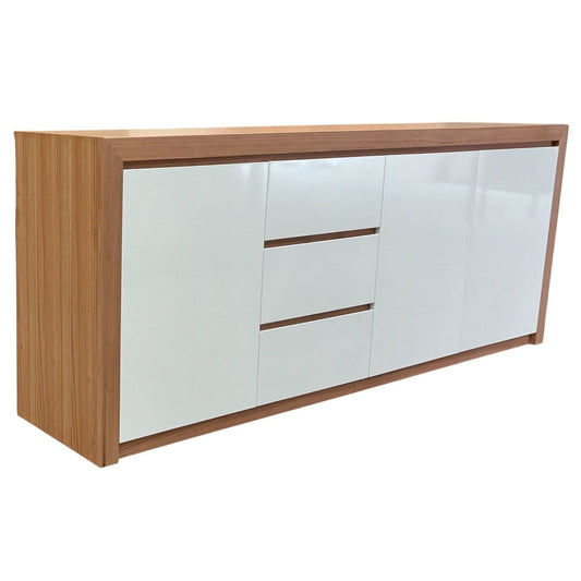 CUSTOM MADE JANE BUFFET TASSIE OAK IN CLEAR LACQUER WITH 3 DOORS & 3 DRAWERS IN WHITE POLYURETHANE - MyChocolateWood