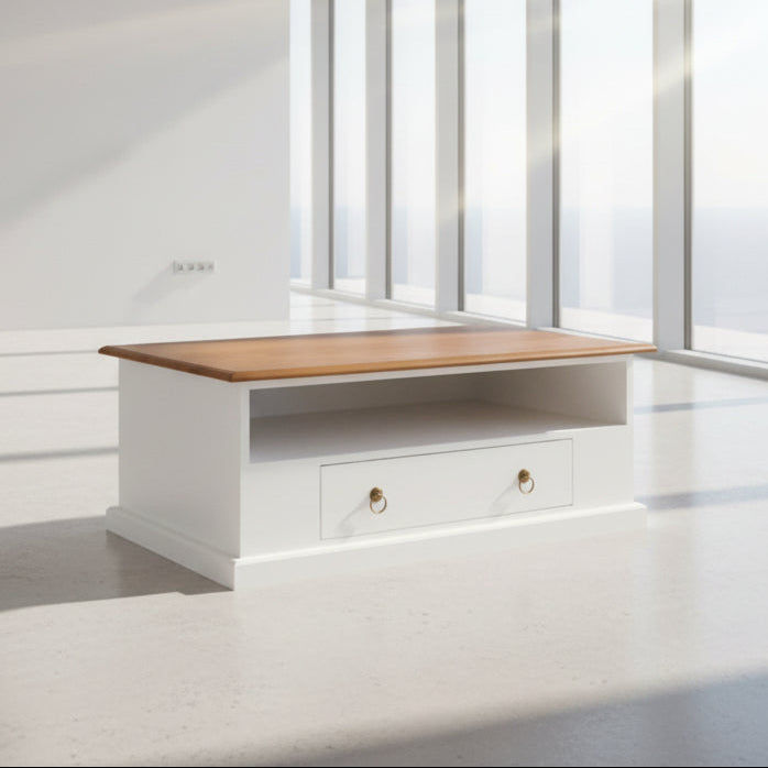 DALE SOLID MAHOGANY 2 DRAWER COFFEE TABLE IN WHITE/CARAMEL 100CM - MyChocolateWood