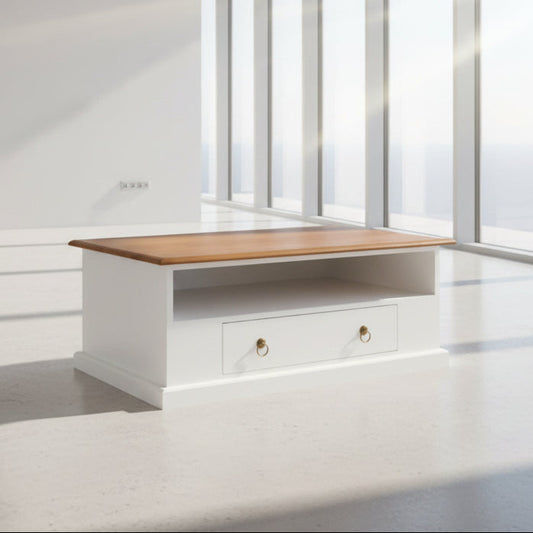 DALE SOLID MAHOGANY 2 DRAWER COFFEE TABLE IN WHITE/CARAMEL 100CM - MyChocolateWood
