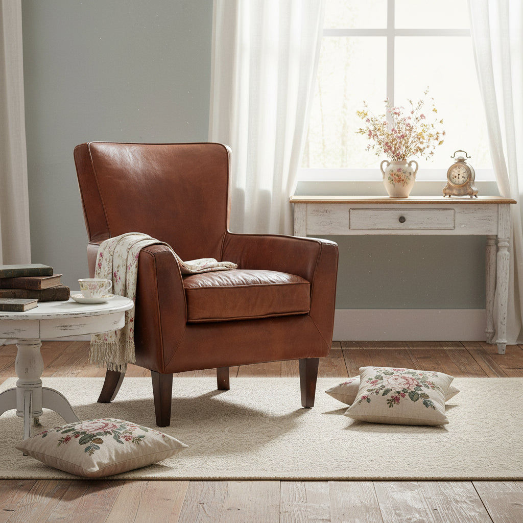 DARIAN PREMIUM GRADE AGED LEATHER ARMCHAIR/LOUNGE CHAIR IN CIGAR - MyChocolateWood