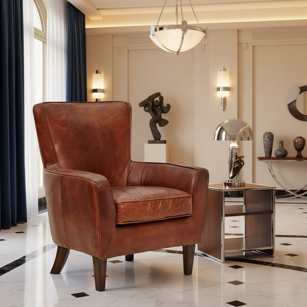 DARIAN PREMIUM GRADE AGED LEATHER ARMCHAIR/LOUNGE CHAIR IN CIGAR - MyChocolateWood