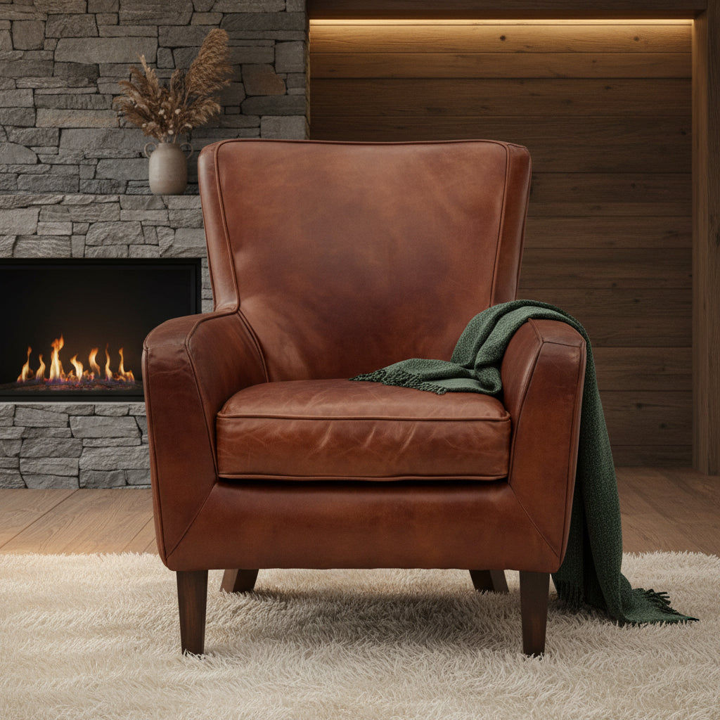 DARIAN PREMIUM GRADE AGED LEATHER ARMCHAIR/LOUNGE CHAIR IN CIGAR - MyChocolateWood