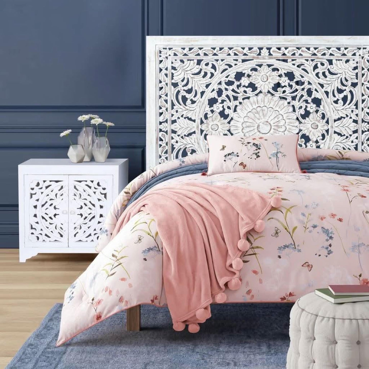Dauphin Mango Wood King Headboard in Antique White - Chocolate Wood