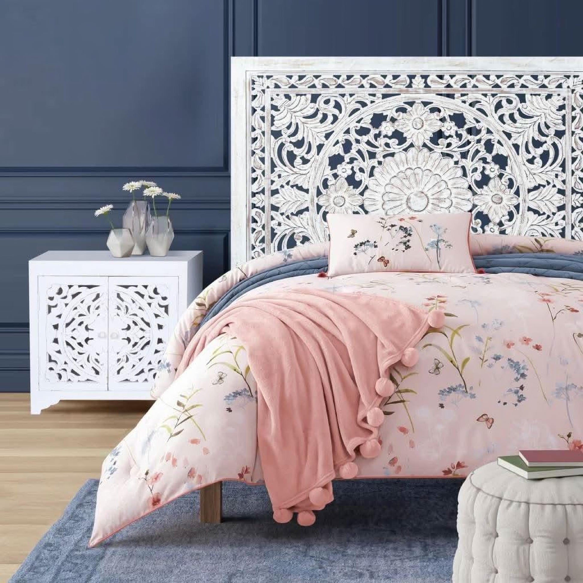 Dauphin Mango Wood King Headboard in Antique White - Chocolate Wood