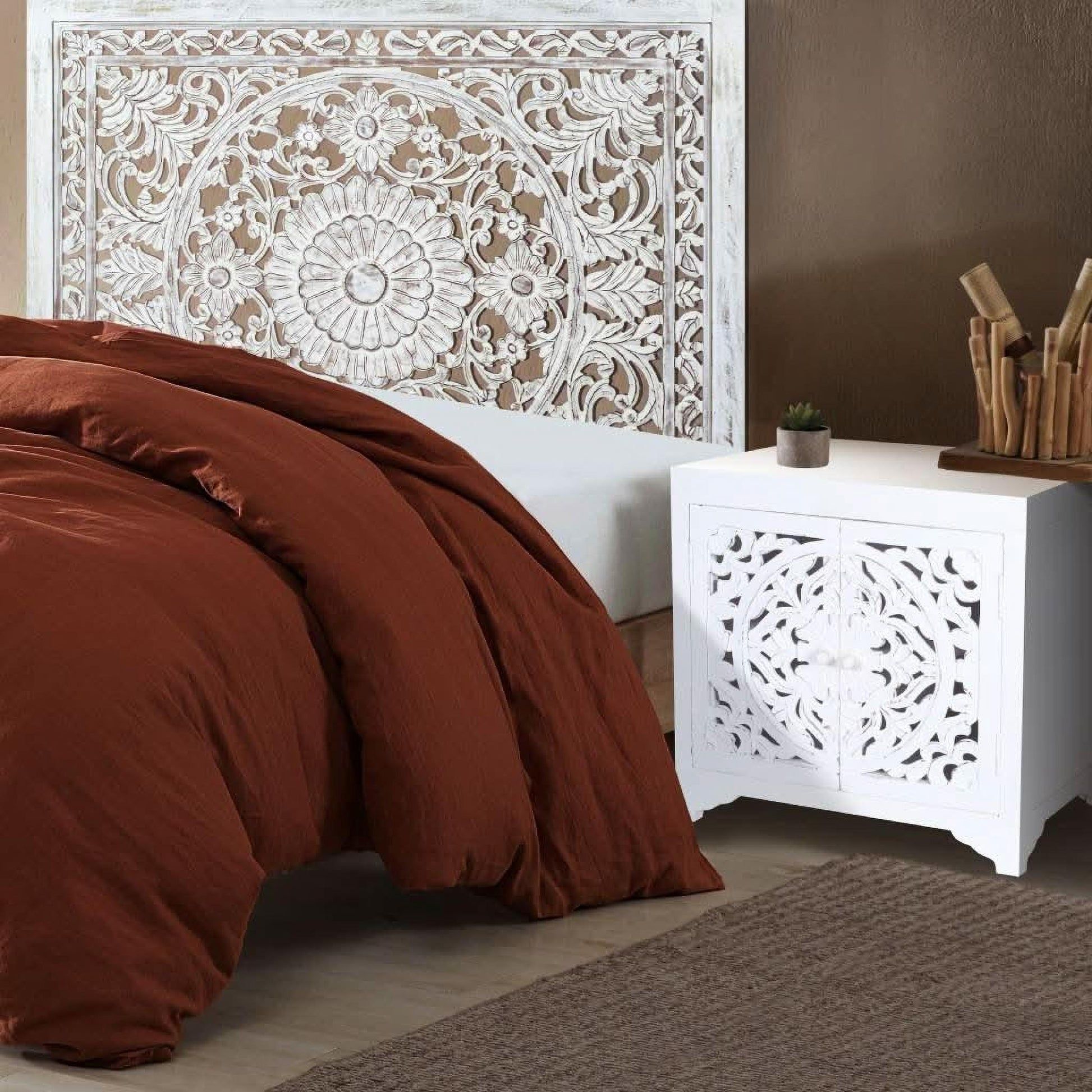 Dauphin Mango Wood King Headboard in Antique White - Chocolate Wood