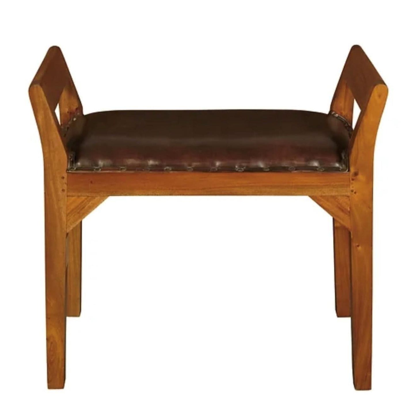 Delany Solid Mahogany Single Bench with Genuine Leather Seat in Light Pecan - Chocolate Wood