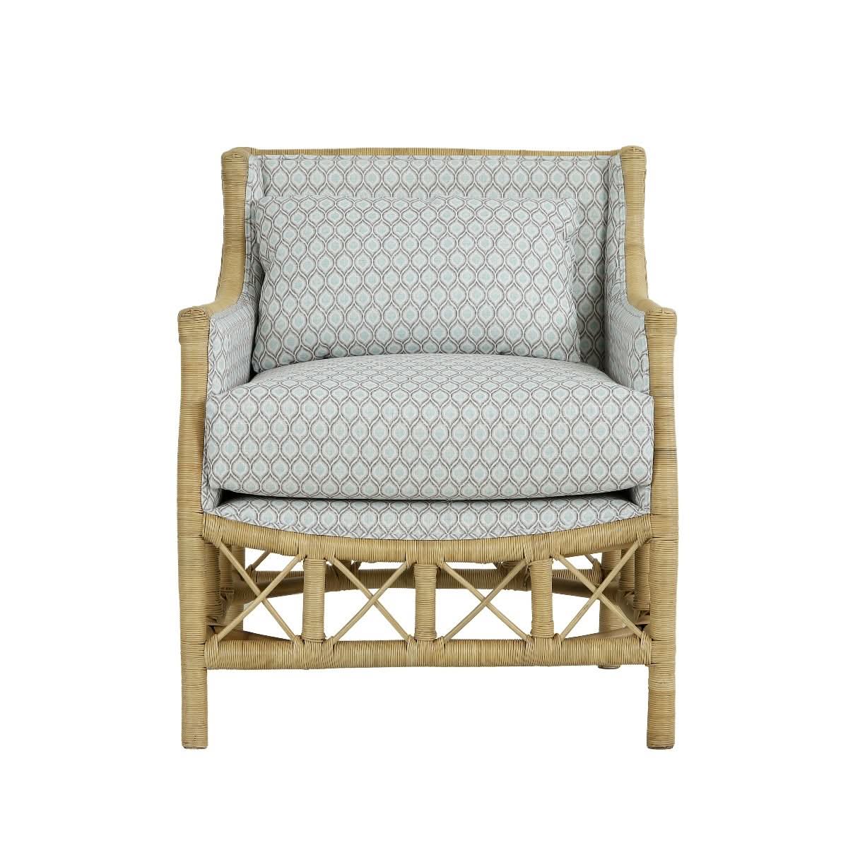 DELON ARMCHAIR NATURAL RATTAN FRAME /GREY PATTERNED UPHOLSTERY - MyChocolateWood