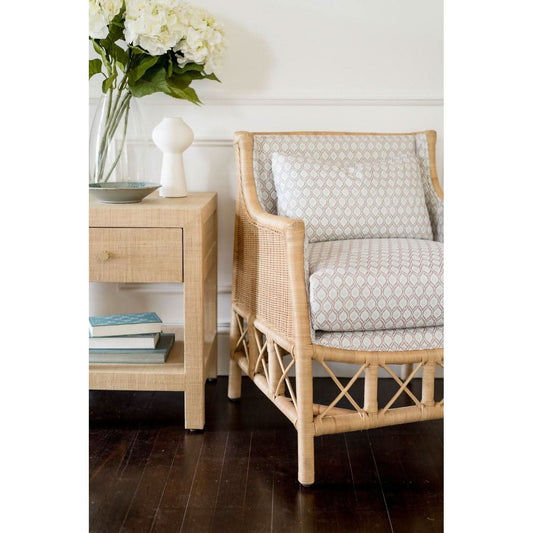 DELON ARMCHAIR NATURAL RATTAN FRAME /GREY PATTERNED UPHOLSTERY - MyChocolateWood