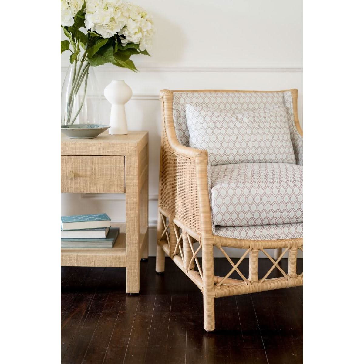 DELON ARMCHAIR NATURAL RATTAN FRAME /GREY PATTERNED UPHOLSTERY - MyChocolateWood