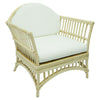 Natural rattan armchair with white cushion, DENIZE HAMPTONS style easy chair by MyChocolateWood, featuring a light, woven design.