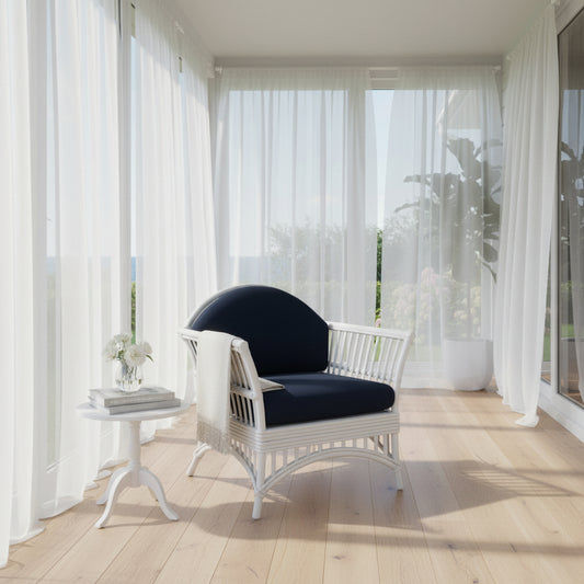 DENIZE HAMPTONS RATTAN ARMCHAIR EASY CHAIR WHITE WITH NAVY CUSHION - MyChocolateWood