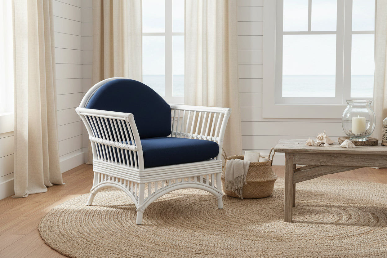 Denize Hamptons Rattan Armchair in White with Navy Cushion - Chocolate Wood