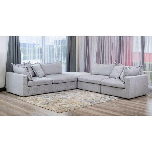 DEVINE CORNER LOUNGE SET WITH OTTOMAN SILVER COLOURED FABRIC