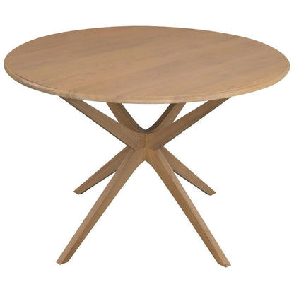 Solid oak round dining table by Chocolate Wood, 110cm diameter, natural finish, sturdy wooden tabletop for dining rooms.