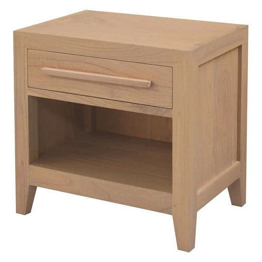 Natural DION White Cedar Mindi Wood 1-Drawer Bedside Table by MyChocolateWood, showcasing smooth wood grain and minimalist design.