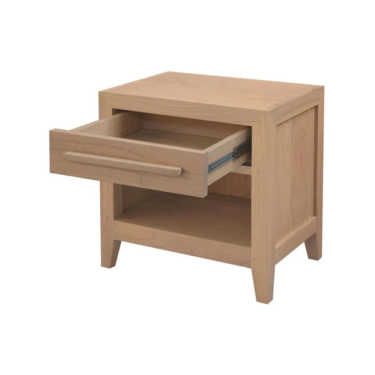 White cedar Mindi wood bedside table with one drawer from MyChocolateWood, natural finish, compact and stylish bedroom furniture.