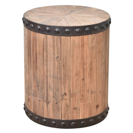 DUNLOE RECLAIMED ELM DRUM PARQUET SIDE TABLE LAMP TABLE NATURAL & IRON ACCENTS - MyChocolateWood