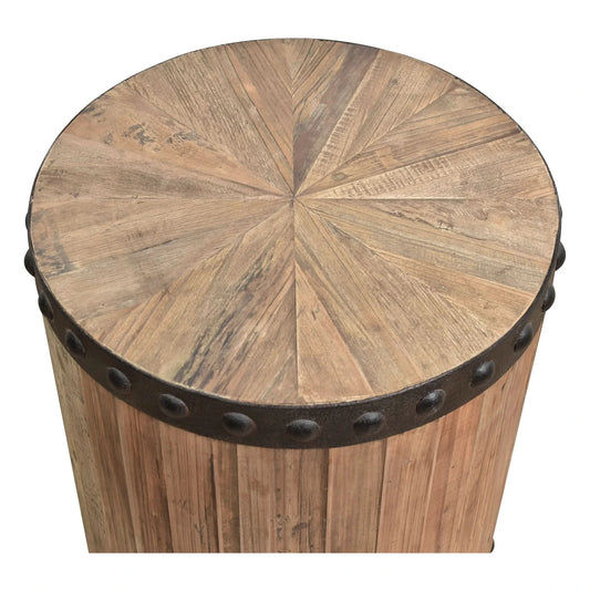 DUNLOE RECLAIMED ELM DRUM PARQUET SIDE TABLE LAMP TABLE NATURAL & IRON ACCENTS