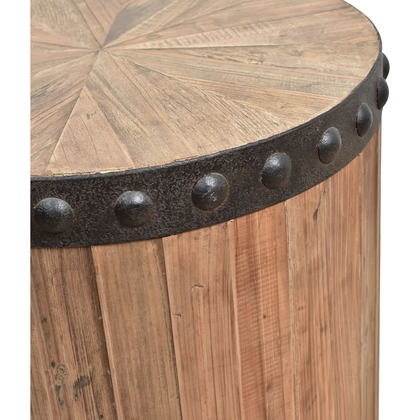 DUNLOE RECLAIMED ELM DRUM PARQUET SIDE TABLE LAMP TABLE NATURAL & IRON ACCENTS