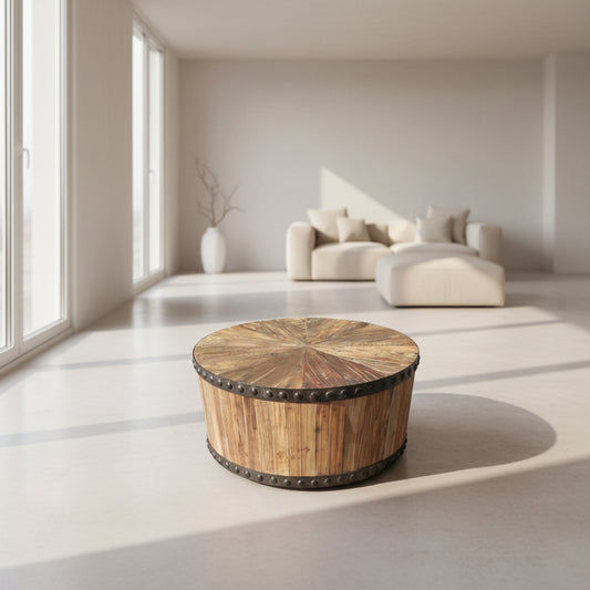 DUNLOE RECYCLED ELM PARQUET DRUM COFFEE TABLE WITH DARK IRON RING - MyChocolateWood