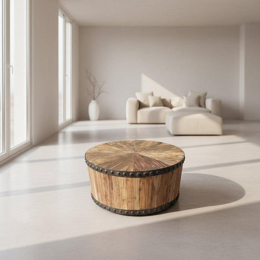 DUNLOE RECYCLED ELM PARQUET DRUM COFFEE TABLE WITH DARK IRON RING