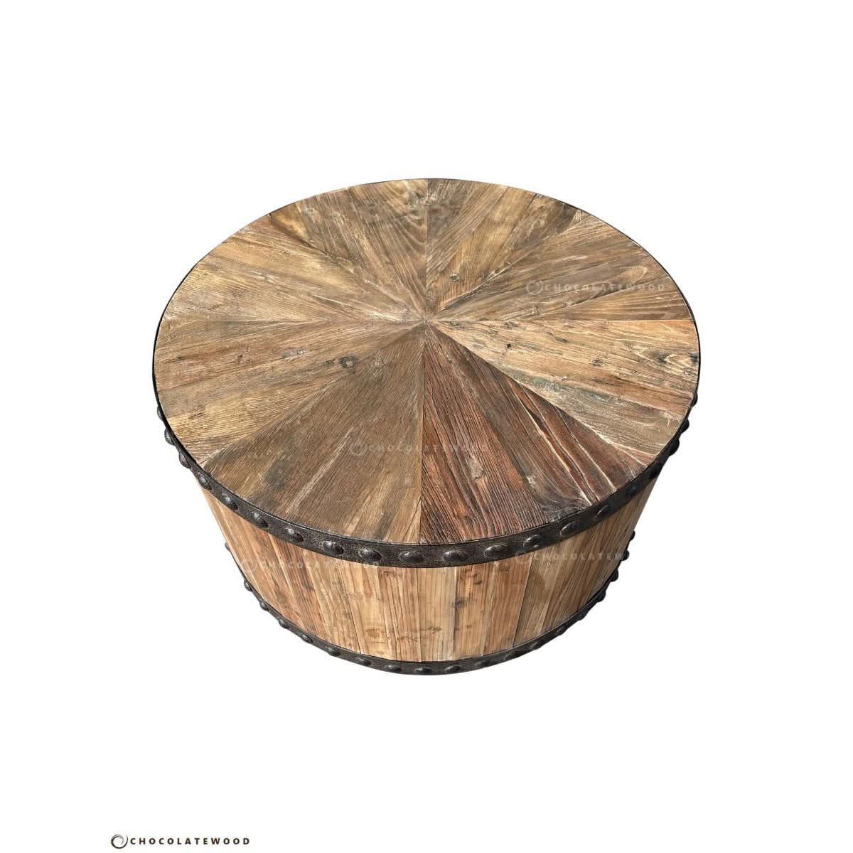 DUNLOE RECYCLED ELM PARQUET DRUM COFFEE TABLE WITH DARK IRON RING