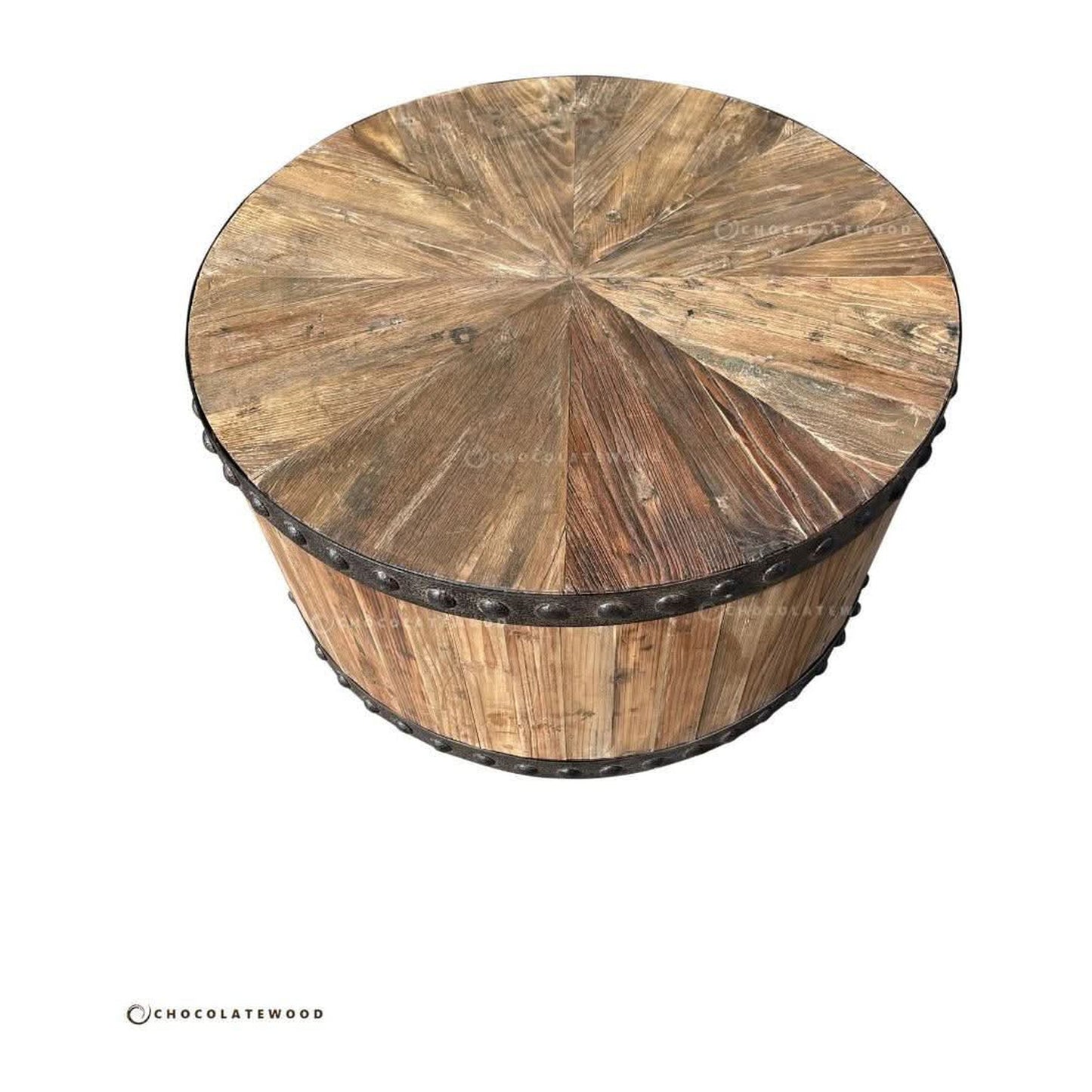 DUNLOE RECYCLED ELM PARQUET DRUM COFFEE TABLE WITH DARK IRON RING