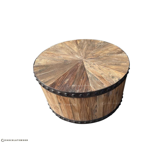 DUNLOE RECYCLED ELM PARQUET DRUM COFFEE TABLE WITH DARK IRON RING - MyChocolateWood
